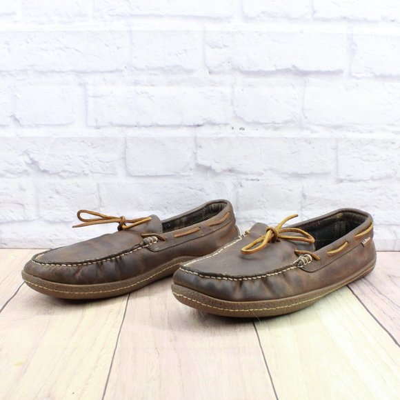LL Bean Brown Leather Flannel Lined Handsewn Slippers Size 13 Medium - Picture 2 of 9